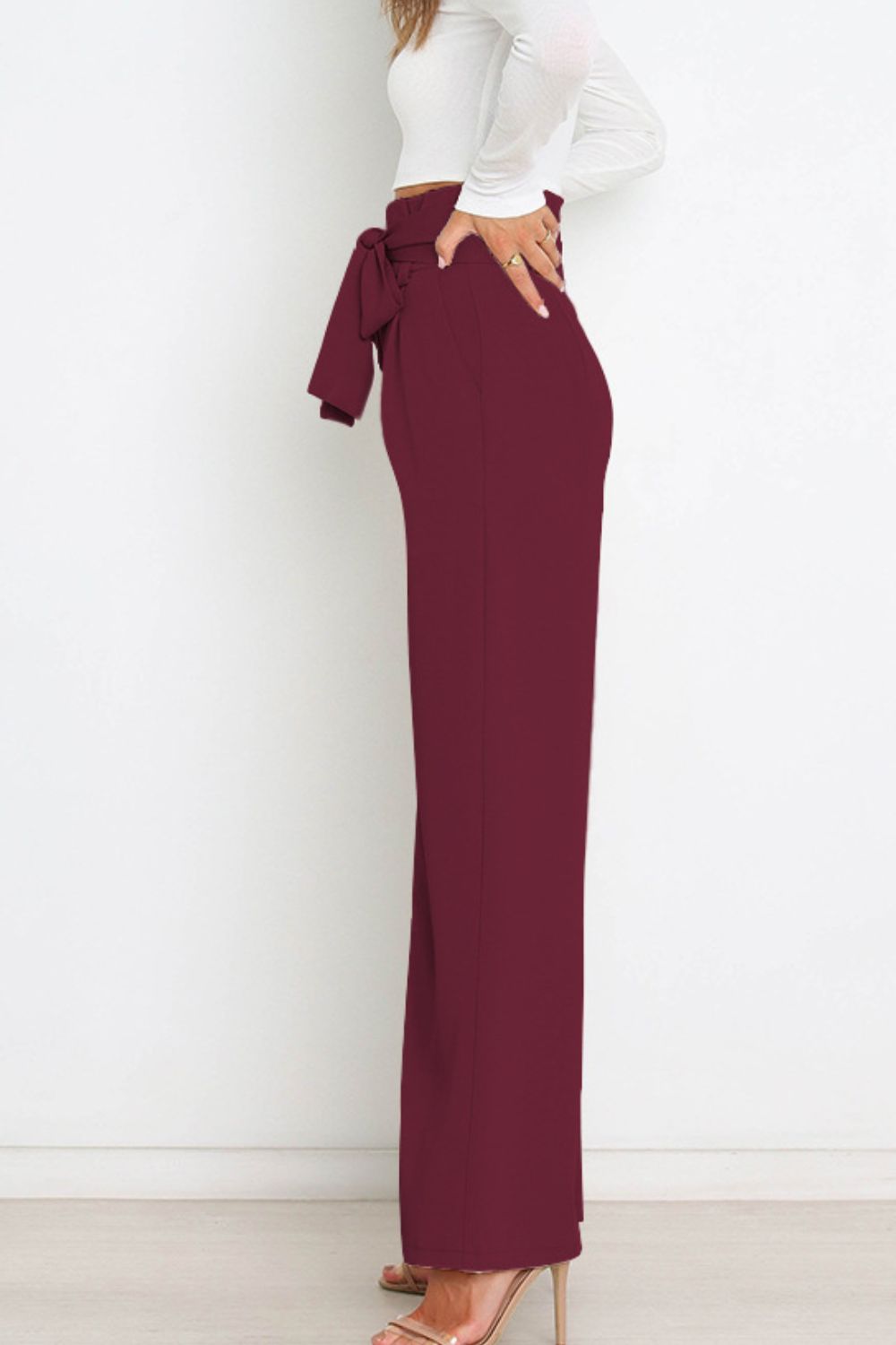 Women's Paperbag Waist Trousers – High Waist Bow Detail Wide Leg Pants