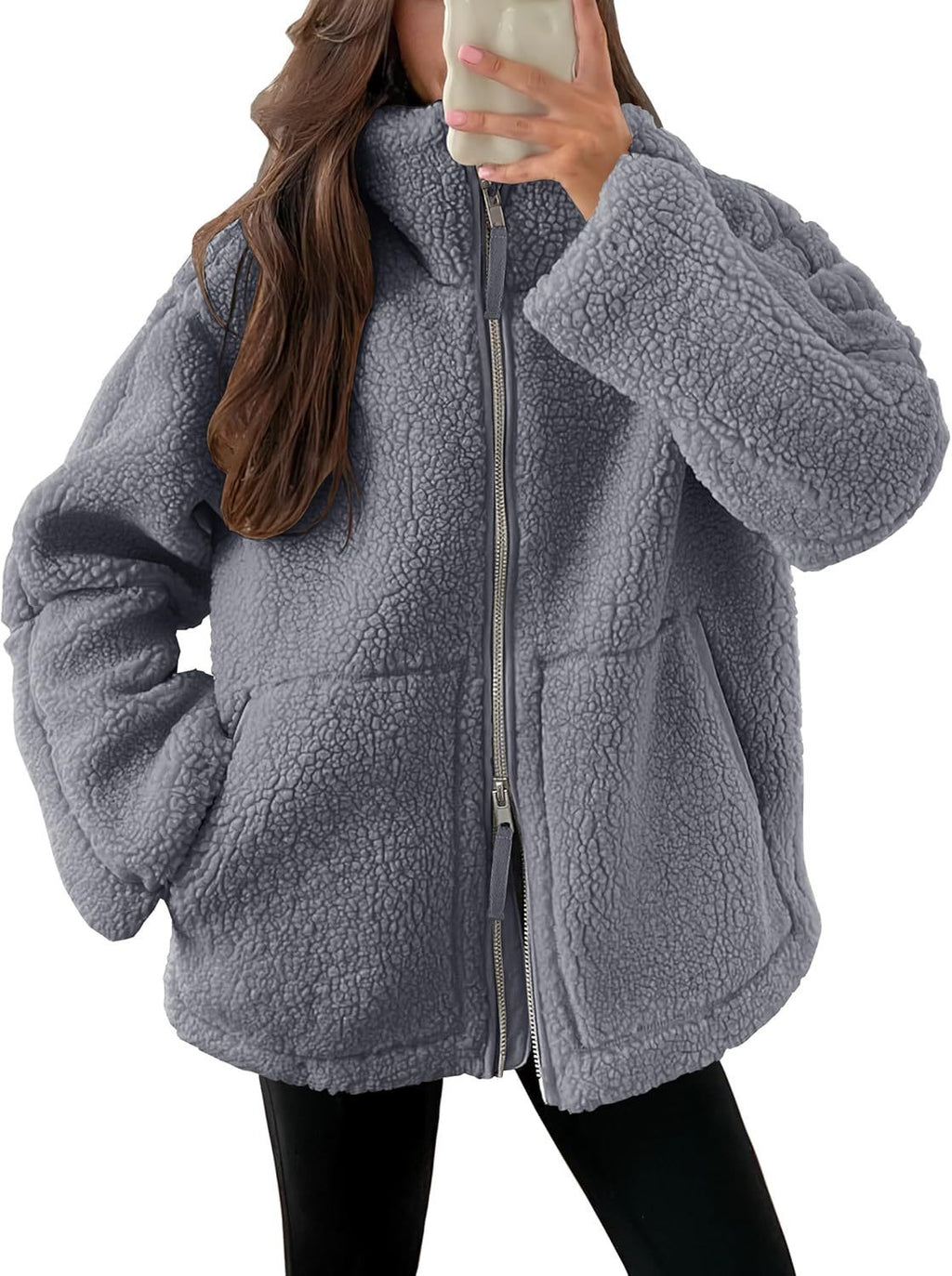 Women's Oversized Fleece Jacket – Zip-Up Long Sleeve Winter Jacket