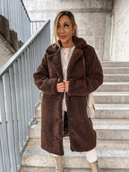 Women's Plush Longline Coat – Soft Textured Button Front Trench Coat
