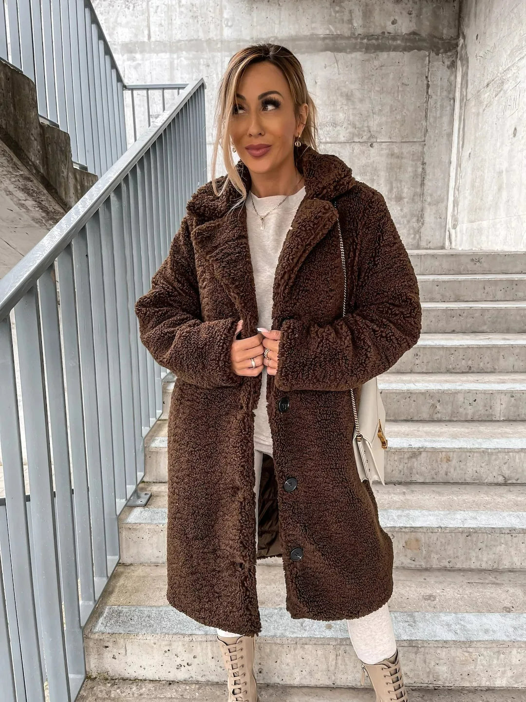 Women's Plush Longline Coat – Soft Textured Button Front Trench Coat