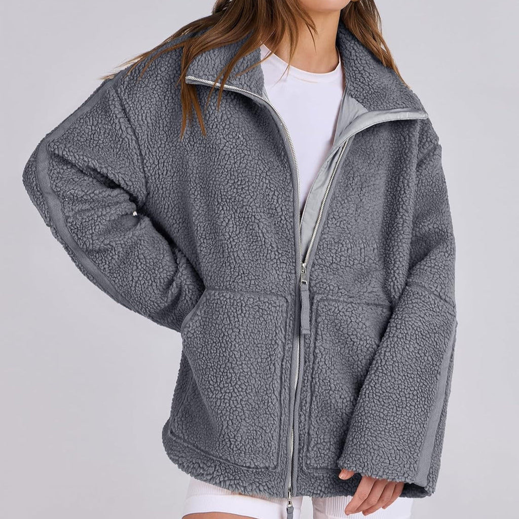 Women's Oversized Fleece Jacket – Zip-Up Long Sleeve Winter Jacket