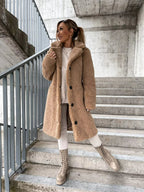 Women's Plush Longline Coat – Soft Textured Button Front Trench Coat