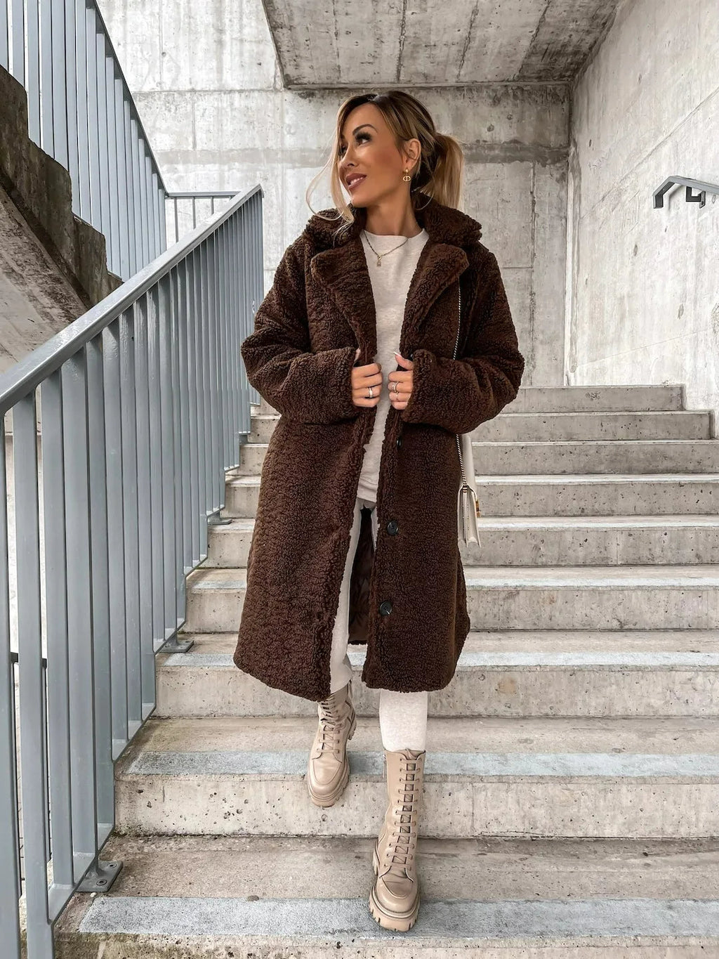 Women's Plush Longline Coat – Soft Textured Button Front Trench Coat