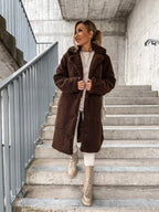 Women's Plush Longline Coat – Soft Textured Button Front Trench Coat