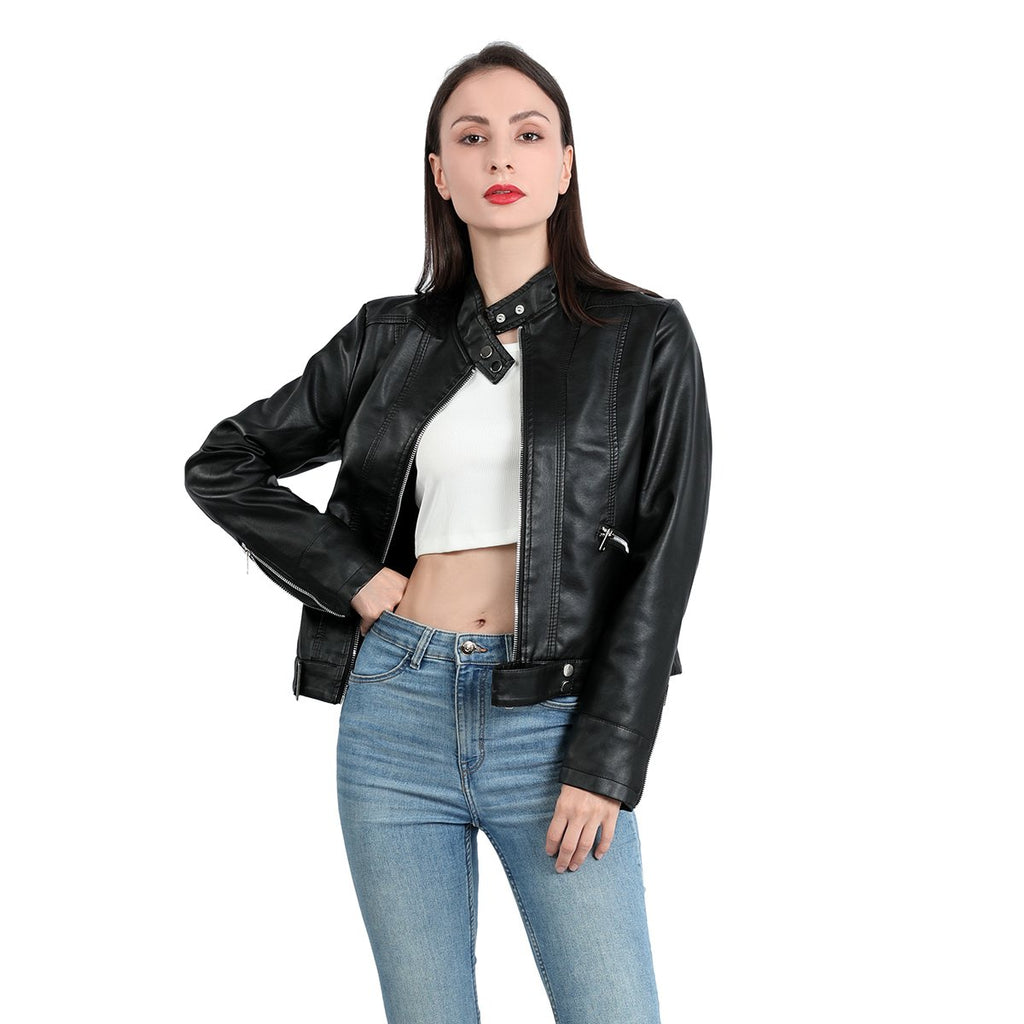 Women's Faux Leather Jacket – Retro Zip-Up Moto Jacket