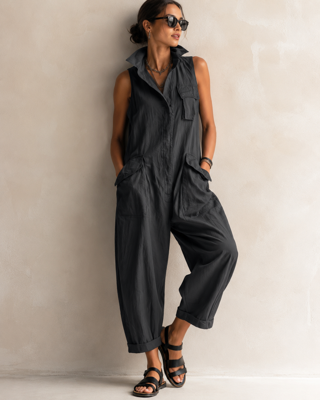 Women's Sleeveless Collared Jumpsuit – Relaxed Fit Pocket Casual Jumpsuit