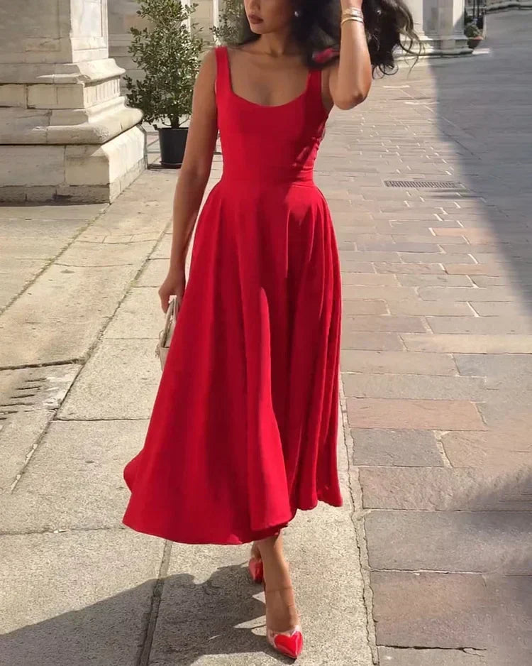 Women's Red Bodycon Midi Dress – Strappy Fitted Cocktail Dress