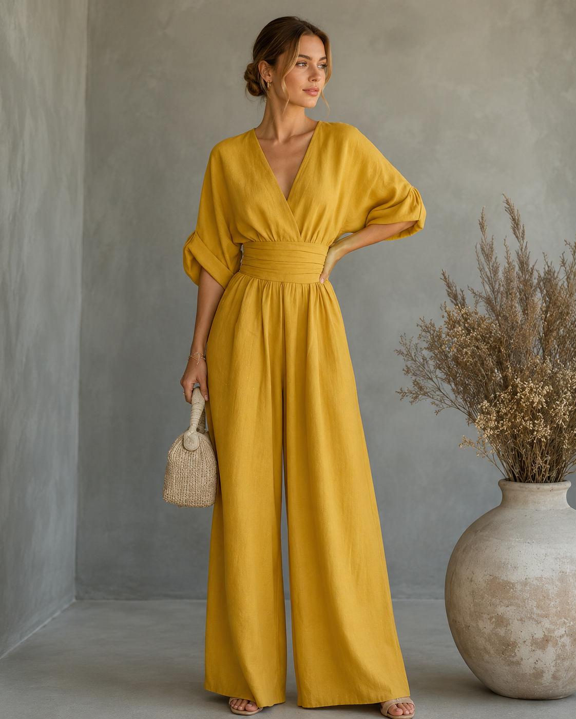 Women's V-Neck Wrap Wide Leg Jumpsuit – Cinched Waist Formal Occasion Jumpsuit