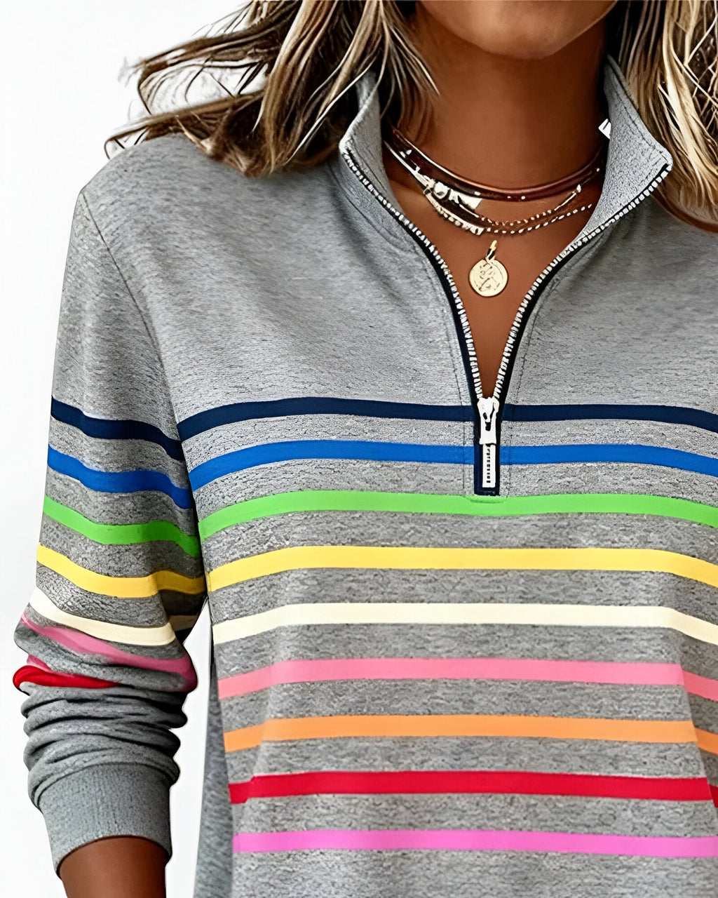 Women's Striped Zip Sweater – High Neck Zip Front Pullover
