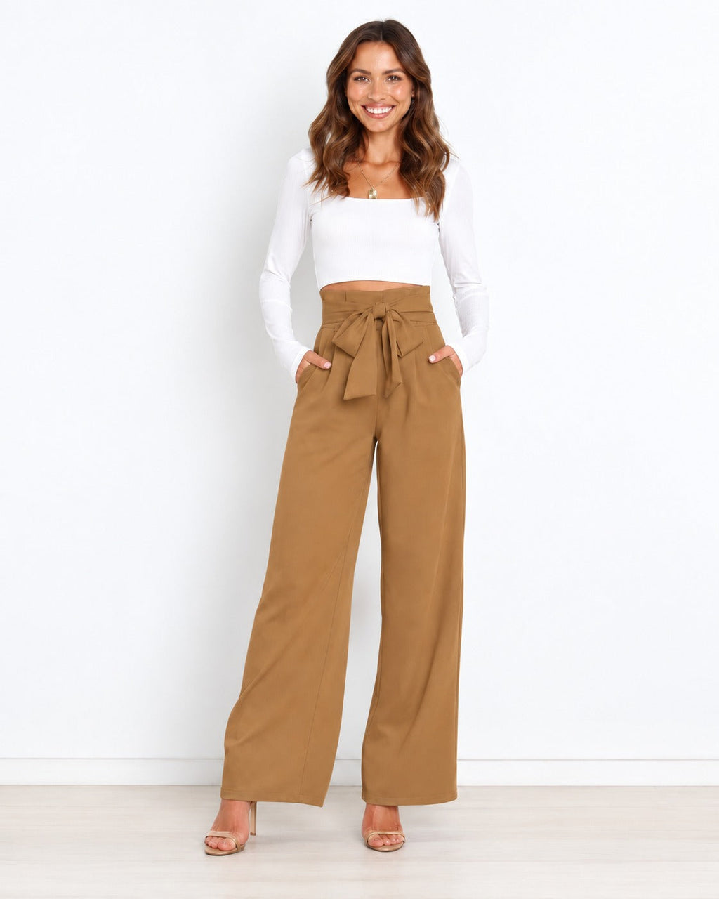 Women's Paperbag Waist Trousers – High Waist Bow Detail Wide Leg Pants