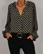 Women's Geometric V-Neck Blouse – Relaxed Printed Long Sleeve Blouse