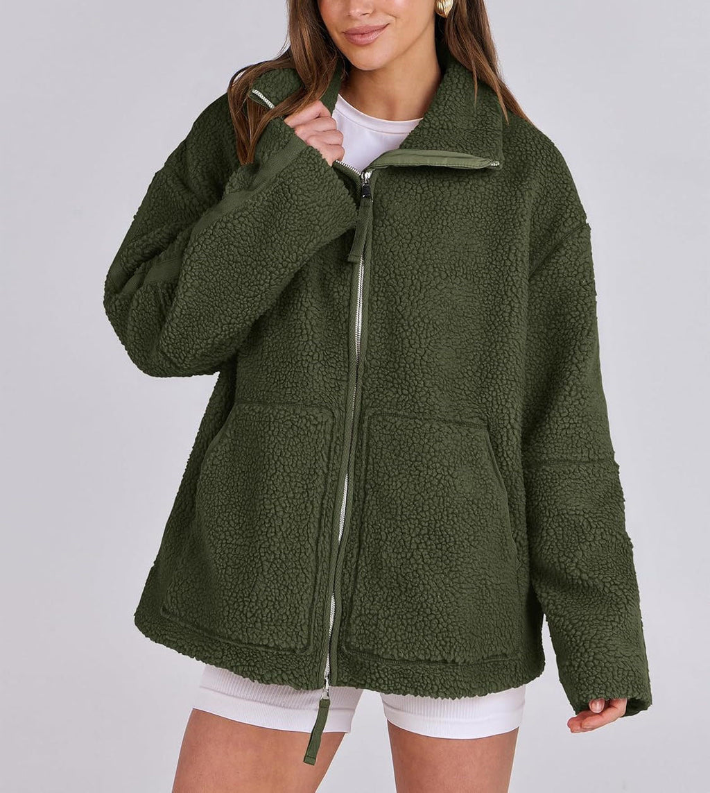 Women's Oversized Fleece Jacket – Zip-Up Long Sleeve Winter Jacket