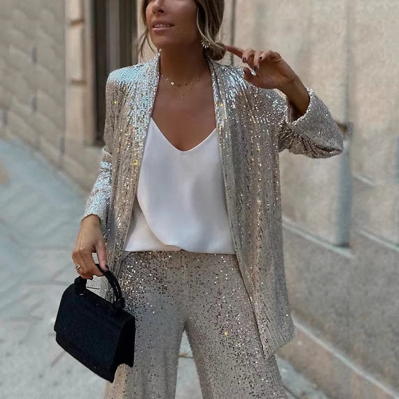 Women's Sequin Pants Set – Fitted Top High Waist Party Set