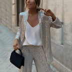 Women's Sequin Pants Set – Fitted Top High Waist Party Set