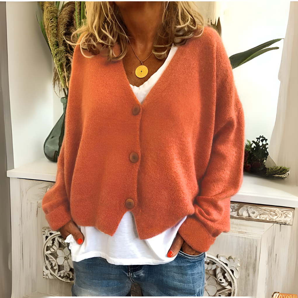 Women's V-Neck Button Cardigan – Relaxed Long Sleeve Knit Cardigan