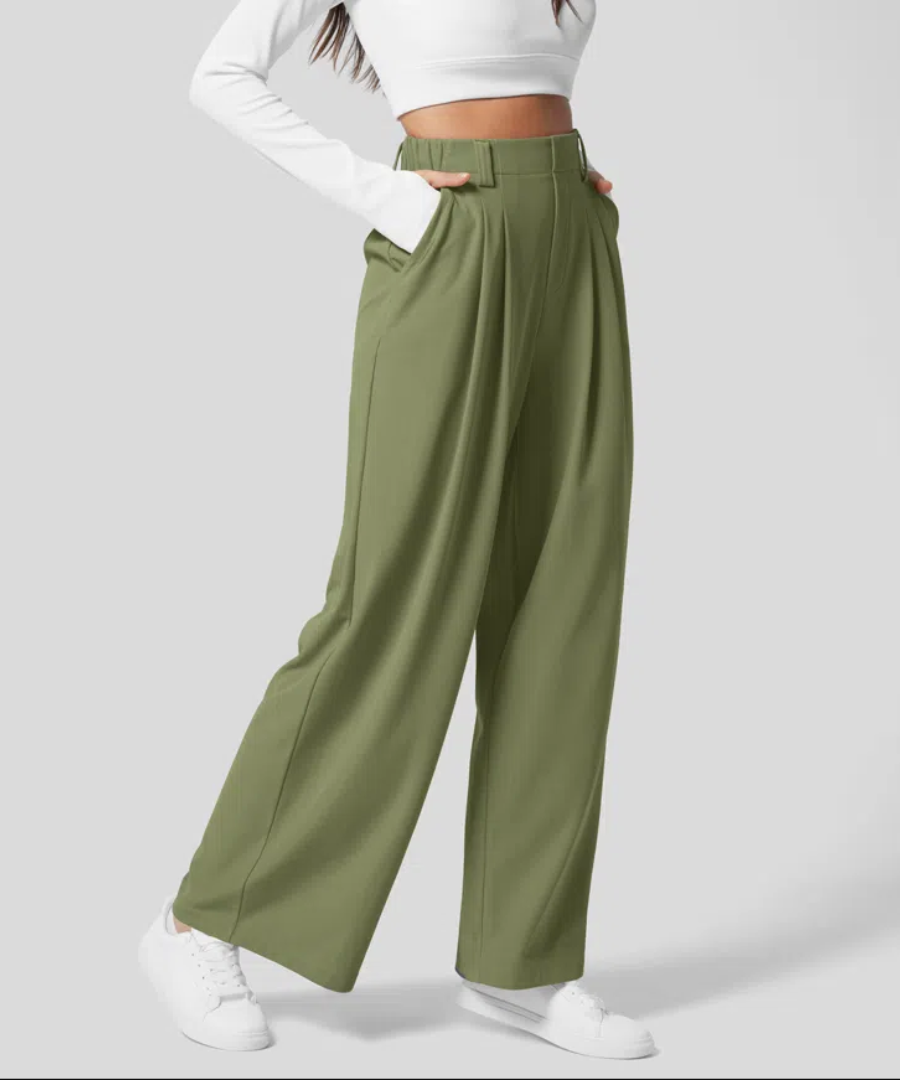 Women's Elastic Waist Wide Leg Pants – High Waist Four Pocket Trousers