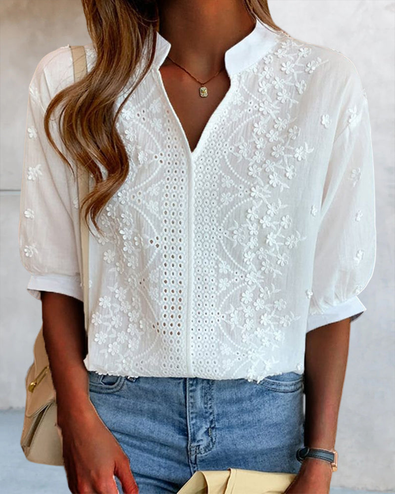 Women's Puff Sleeve V-Neck Blouse – Relaxed Long Sleeve Blouse