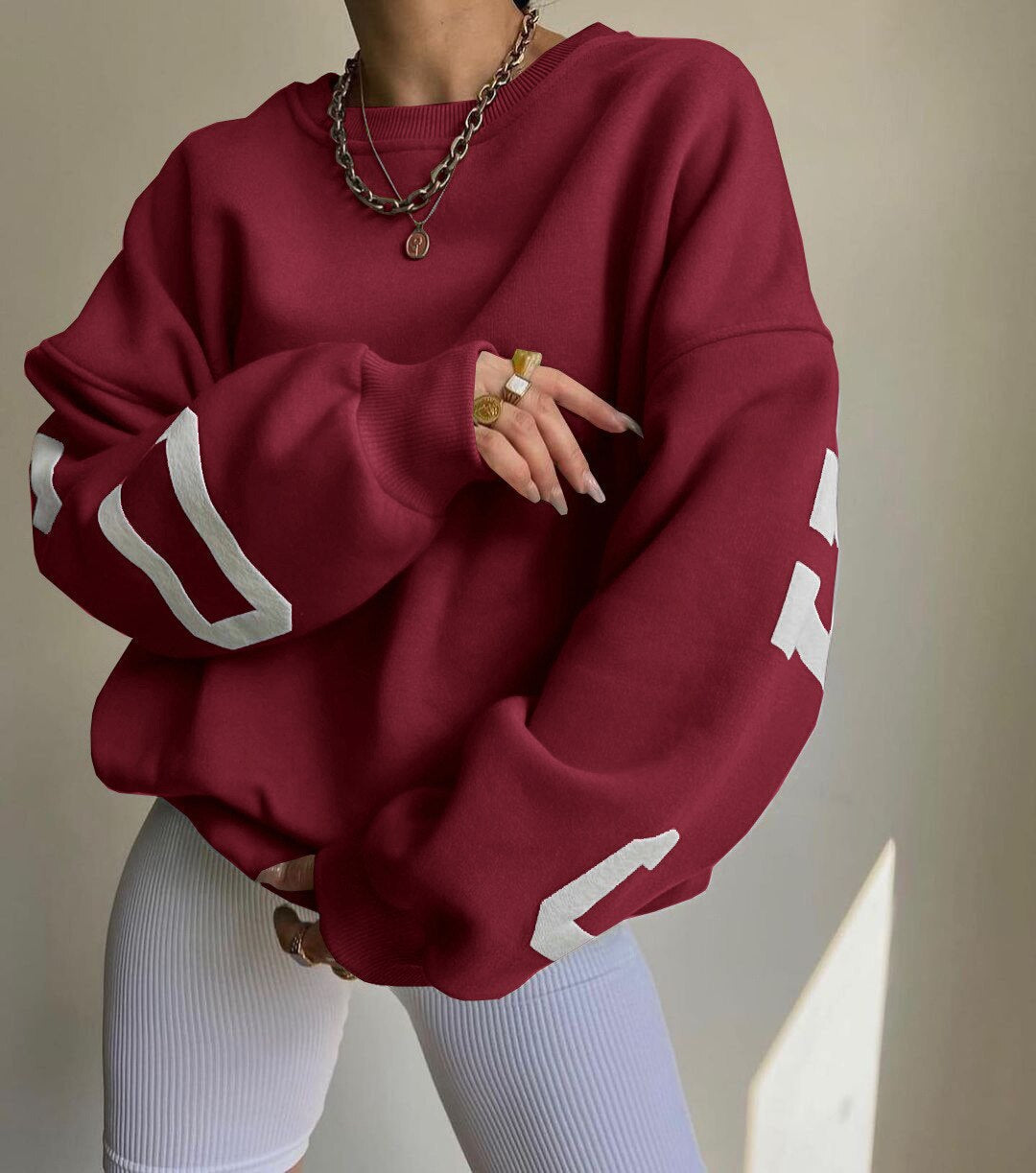 Women's Graphic Sleeve Sweater – Relaxed Crew Neck Pullover Sweater