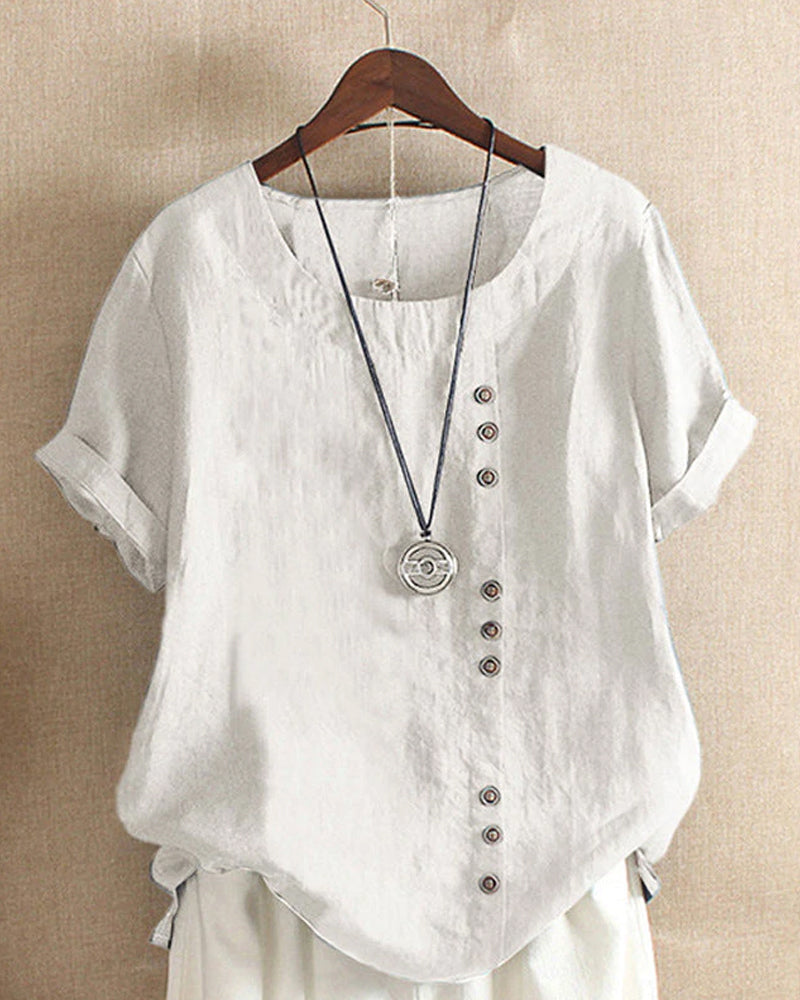 Women's Casual Blouse with Rolled Sleeves and Front Buttons