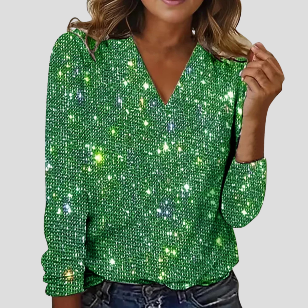 Women's Sequin V-Neck Blouse – Long Sleeve Sparkle Party Blouse