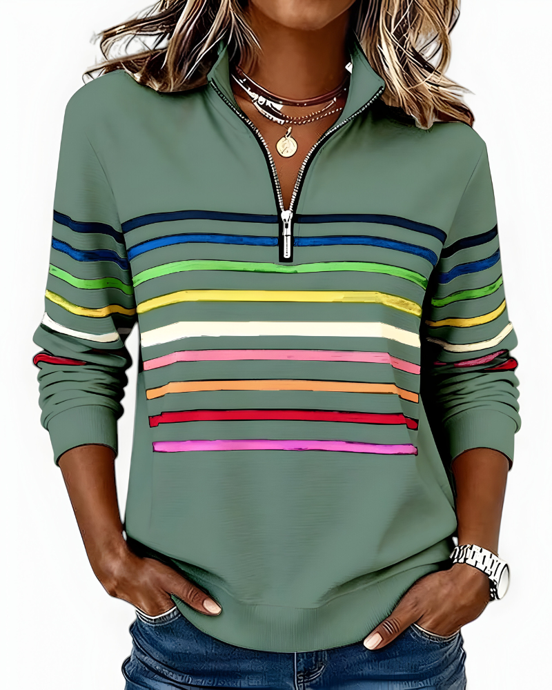 Women's Striped Zip Sweater – High Neck Zip Front Pullover