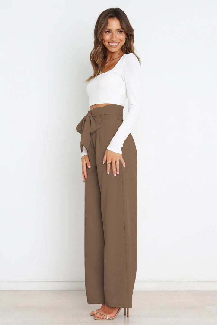 Women's Paperbag Waist Trousers – High Waist Bow Detail Wide Leg Pants