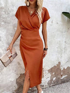 Women's V-Neck Wrap Midi Dress – Side Cutout Cocktail Occasion Dress
