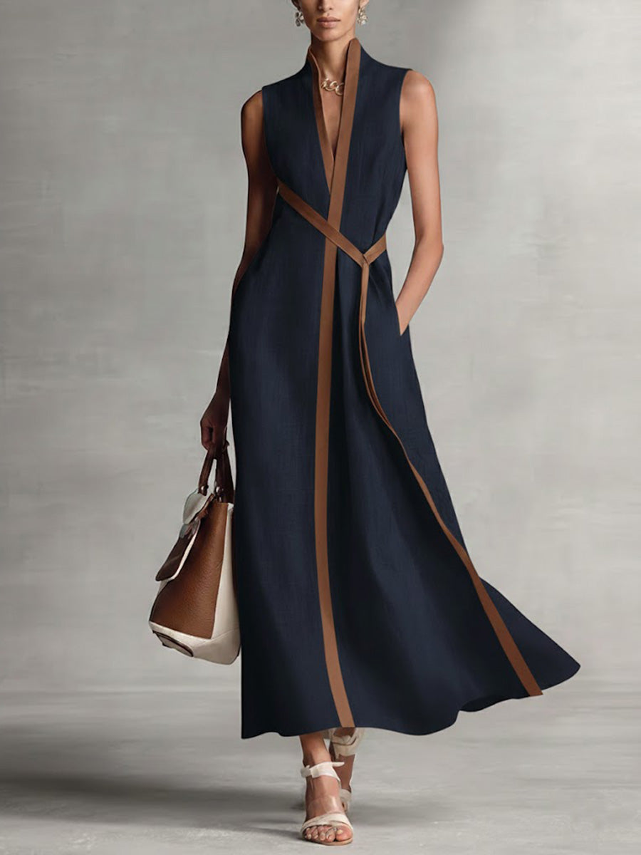 Women's Linen Blend Wrap Dress – Belted Maxi Dress