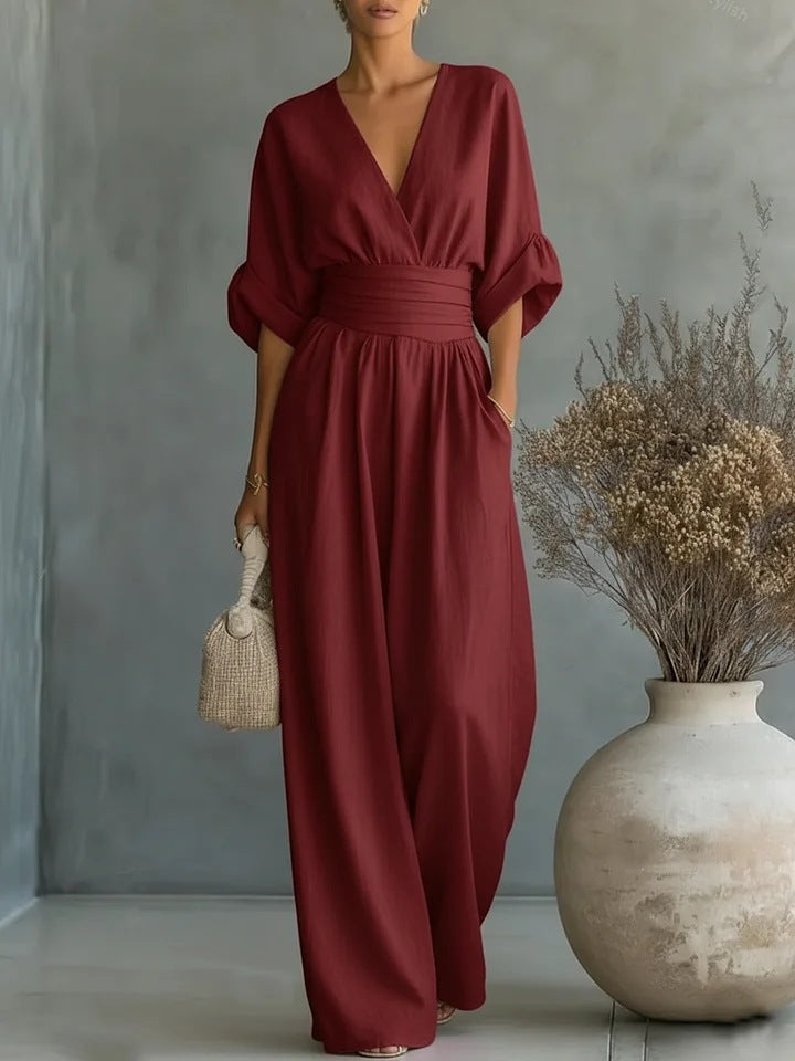Women's V-Neck Wide Leg Jumpsuit – High Waist Pocket Evening Jumpsuit