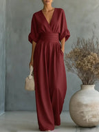 Women's V-Neck Wide Leg Jumpsuit – High Waist Pocket Evening Jumpsuit