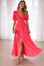 Women's Puff Sleeve Occasion Dress – V-Neck Maxi Dress