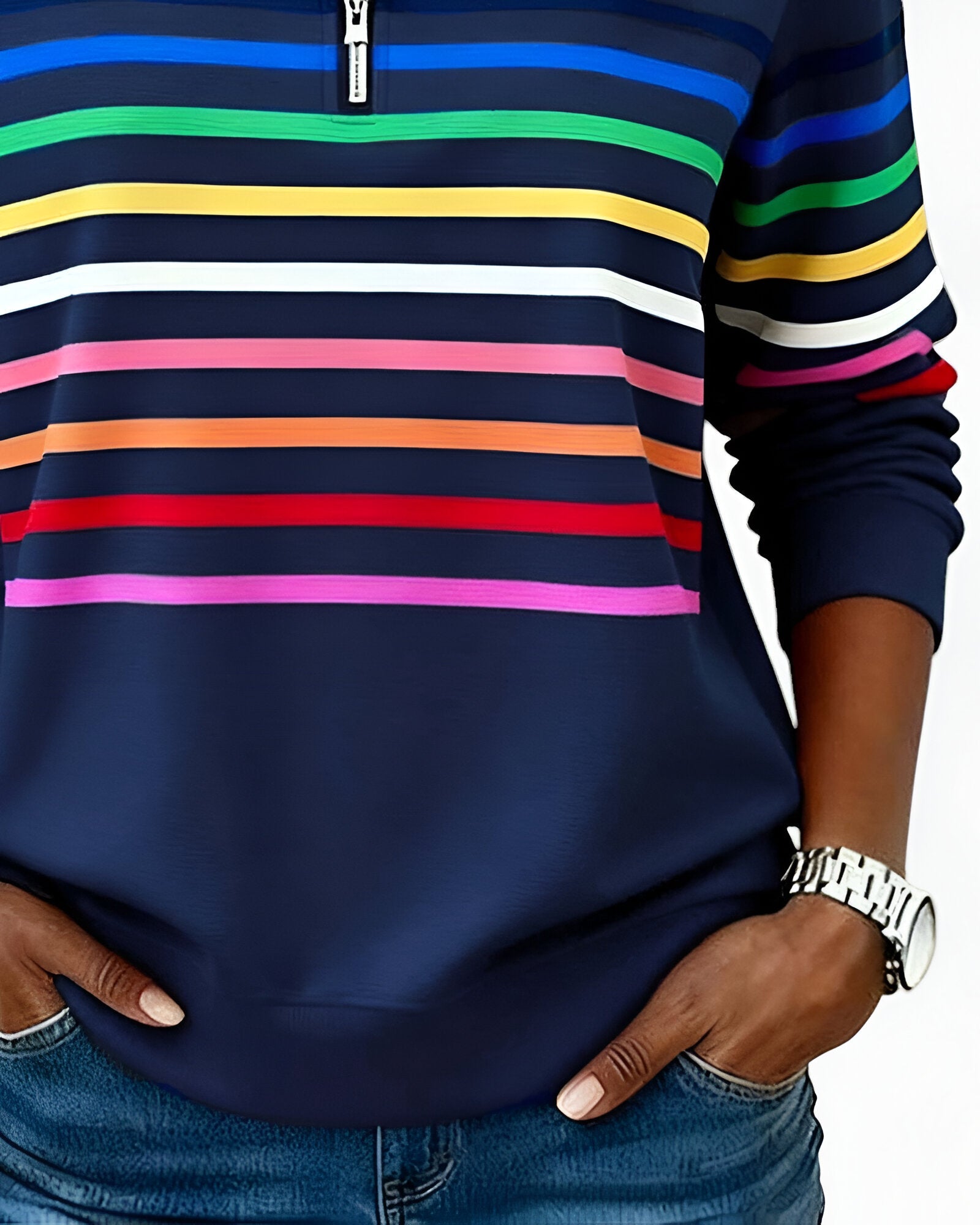 Women's Striped Zip Sweater – High Neck Zip Front Pullover