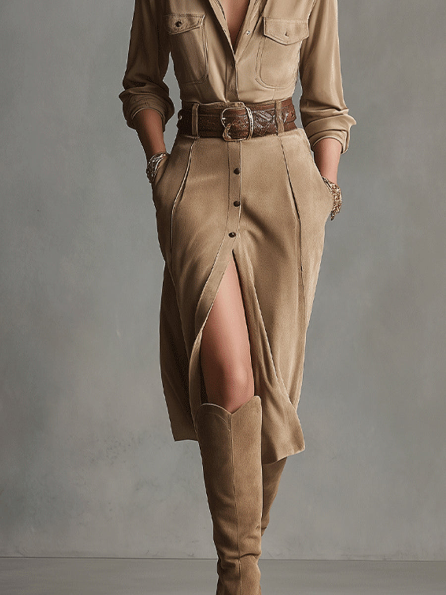Women's Suede Effect Midi Dress – Long Sleeve Occasion Dress