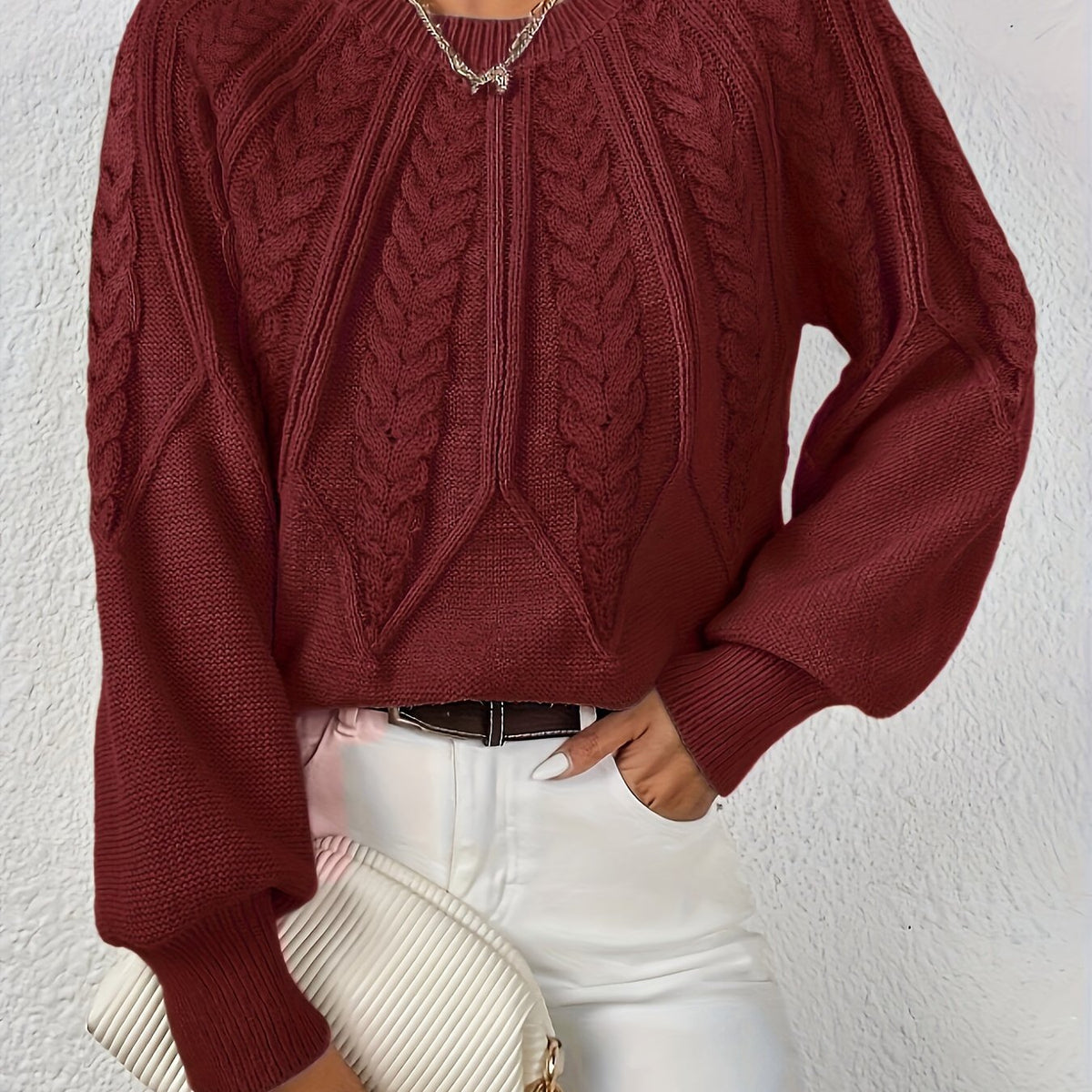 Women's Cable Knit Sweater – Lantern Sleeve Winter Sweater