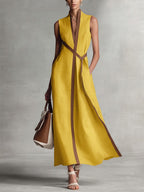 Women's Linen Blend Wrap Dress – Belted Maxi Dress
