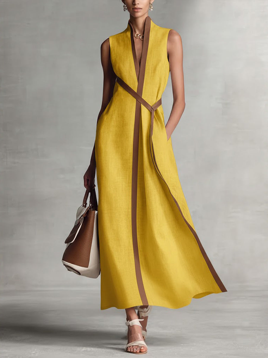 Women's Linen Blend Wrap Dress – Belted Maxi Dress
