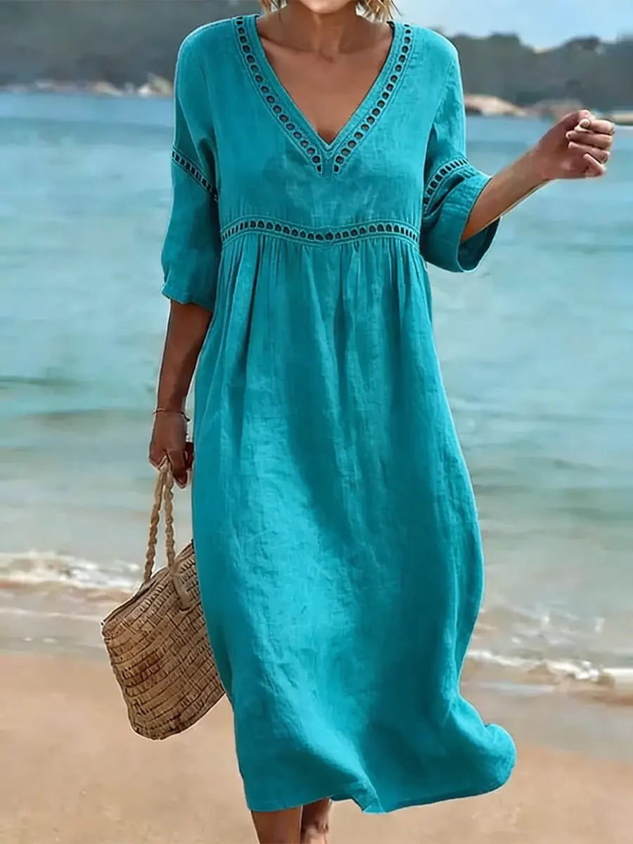 Women's V-Neck Midi Dress – Short Sleeve Pocket Summer Dress