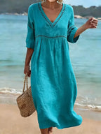 Women's V-Neck Midi Dress – Short Sleeve Pocket Summer Dress