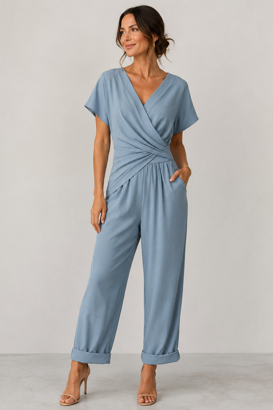 Women's V-Neck Wide Leg Jumpsuit – Wrap Waist Jumpsuit