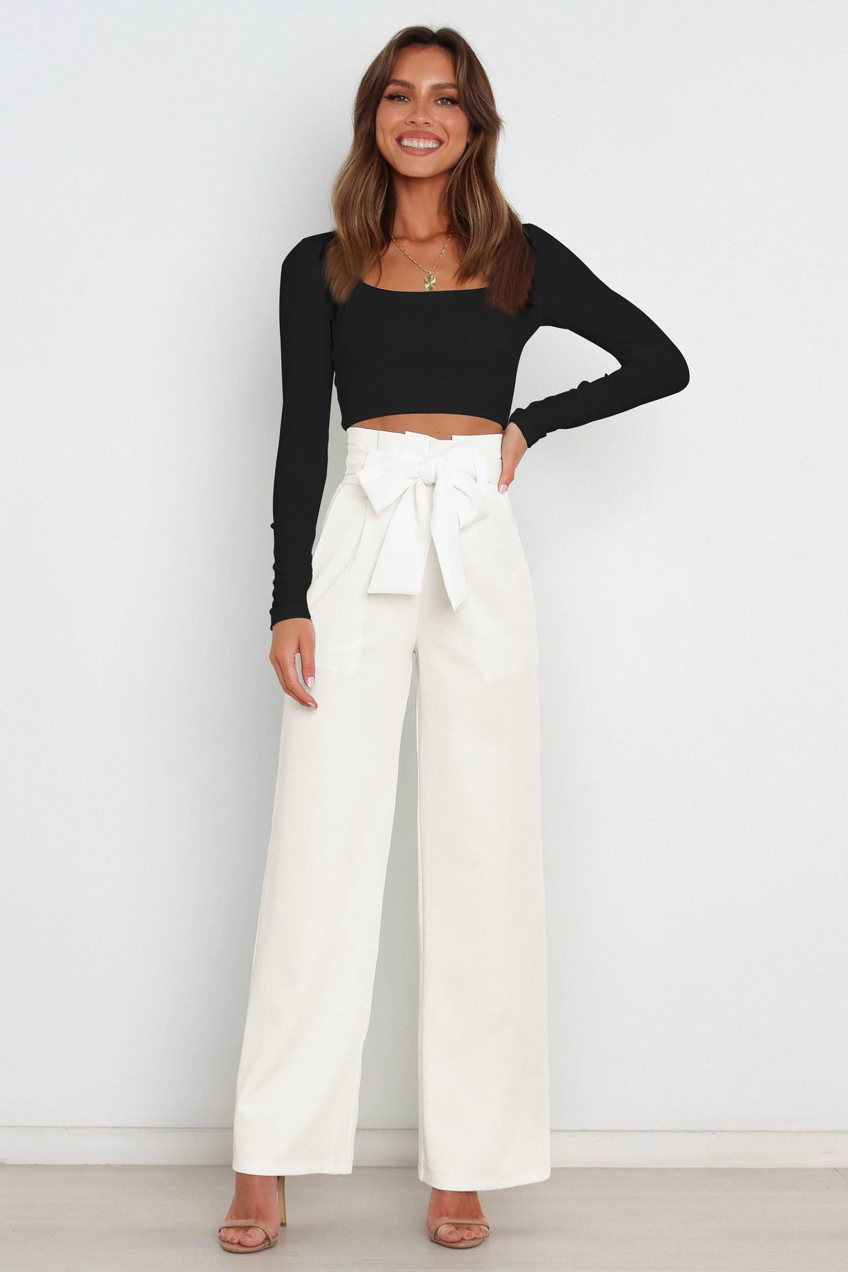 Women's Paperbag Waist Trousers – High Waist Bow Detail Wide Leg Pants