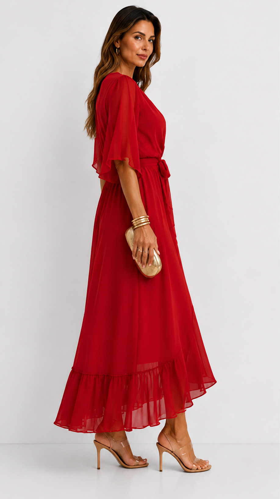 Women's Chiffon Wrap Dress – V-Neck Tie Waist Flowy Occasion Dress