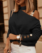 Women's Off-Shoulder Sweater – Chain Strap Button Detail Knit Sweater