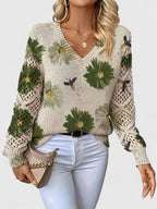 Women's Floral Button Cardigan – V-Neck Flower Pattern Knit Cardigan