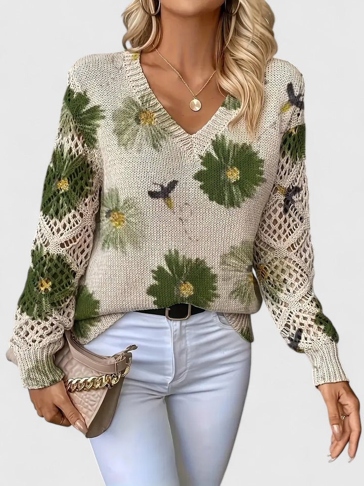 Women's Floral Button Cardigan – V-Neck Flower Pattern Knit Cardigan