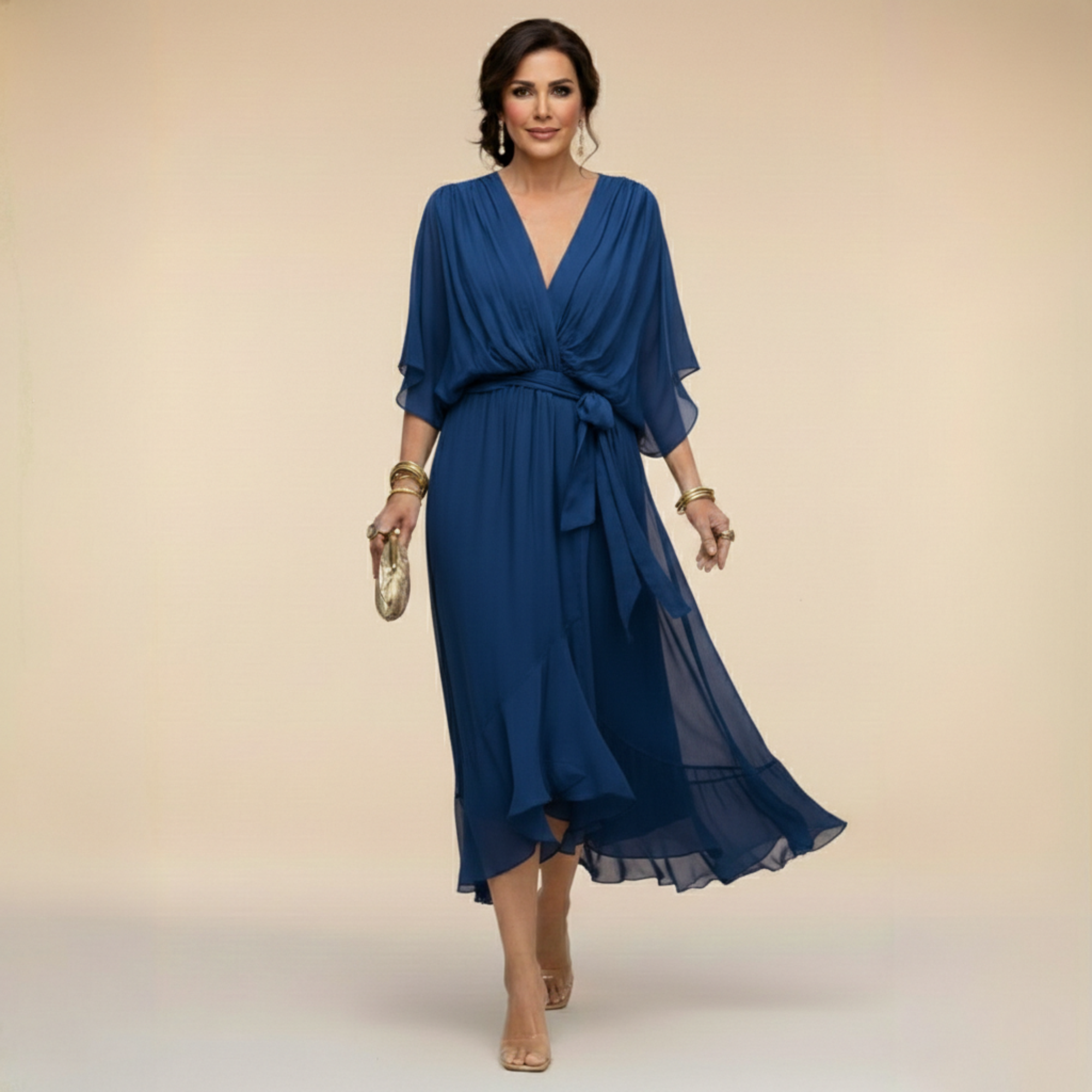 Women's V-Neck Chiffon Dress – Flowy Long Sleeve Occasion Dress