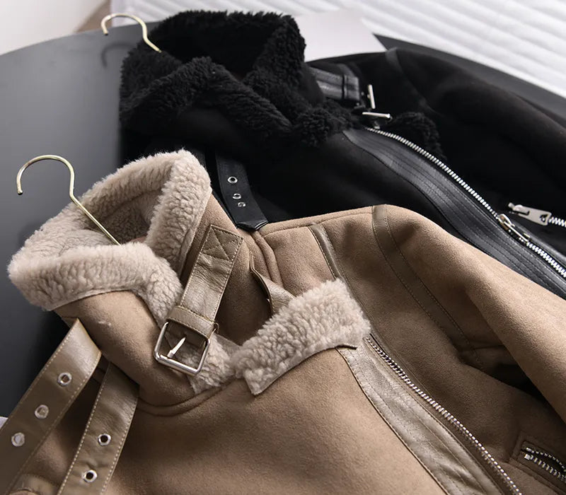 Women's Faux Shearling Jacket – Cropped Winter Aviator Jacket