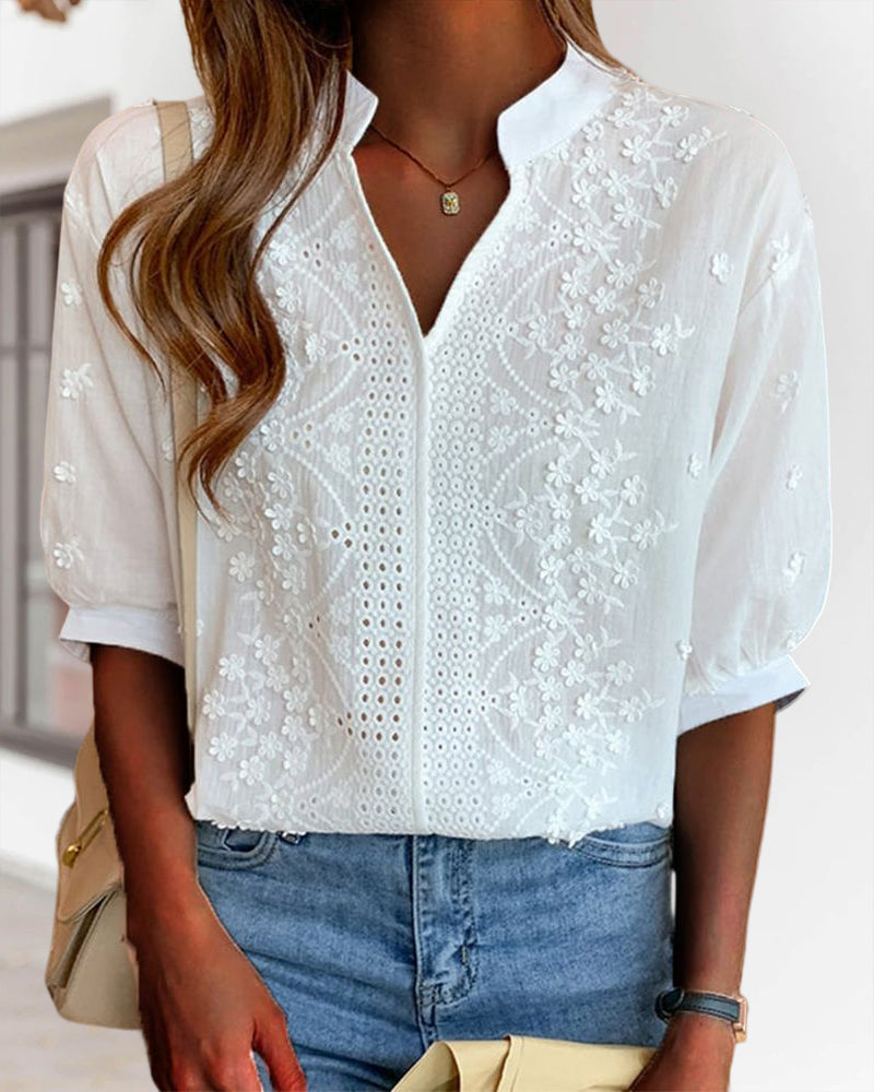 Women's Puff Sleeve V-Neck Blouse – Relaxed Long Sleeve Blouse