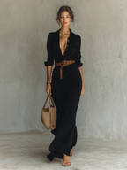 Women's Belted Maxi Shirt Dress – Lapel Collar Long Sleeve Dress