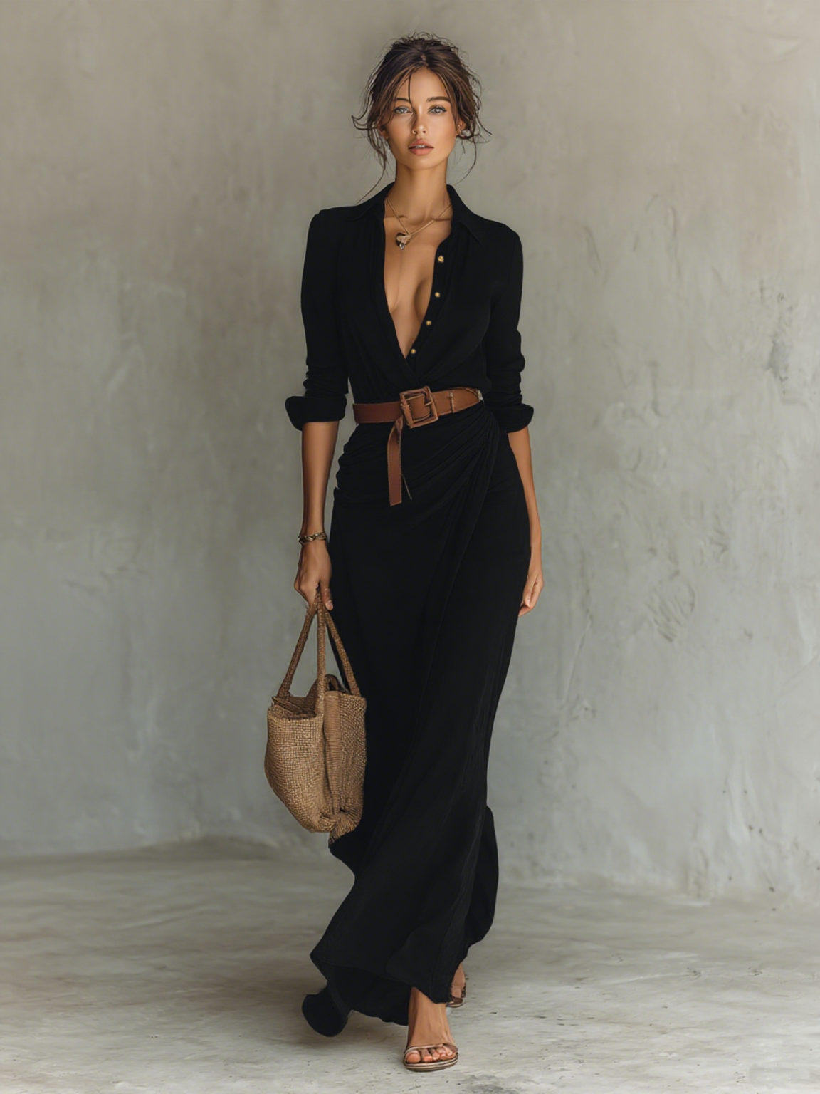 Women's Belted Maxi Shirt Dress – Lapel Collar Long Sleeve Dress