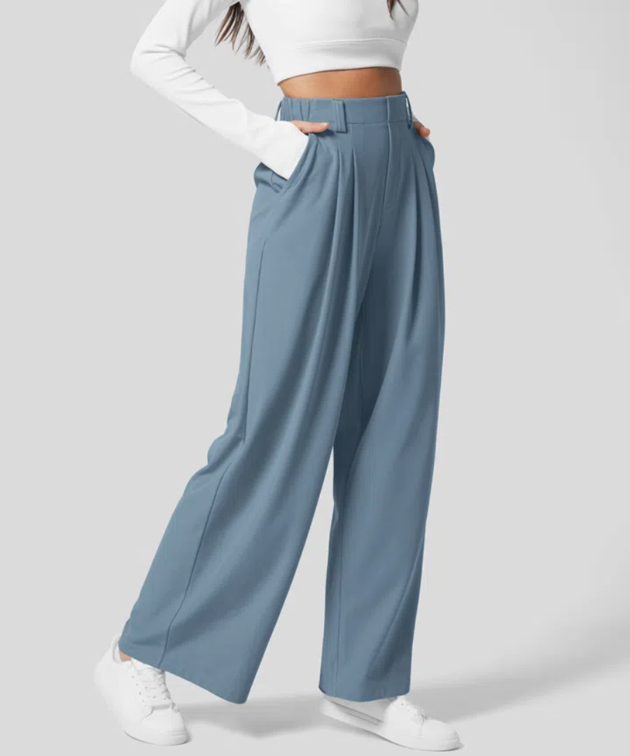 Women's Elastic Waist Wide Leg Pants – High Waist Four Pocket Trousers